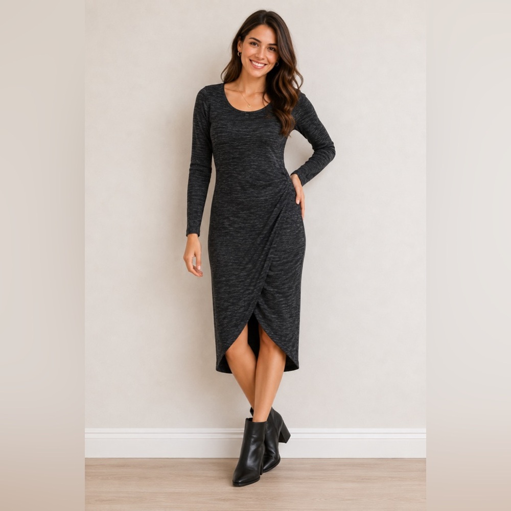 Forest Lily Charcoal Grey Space Dye Long Sleeve Tulip Hem Drape Midi Dress Large